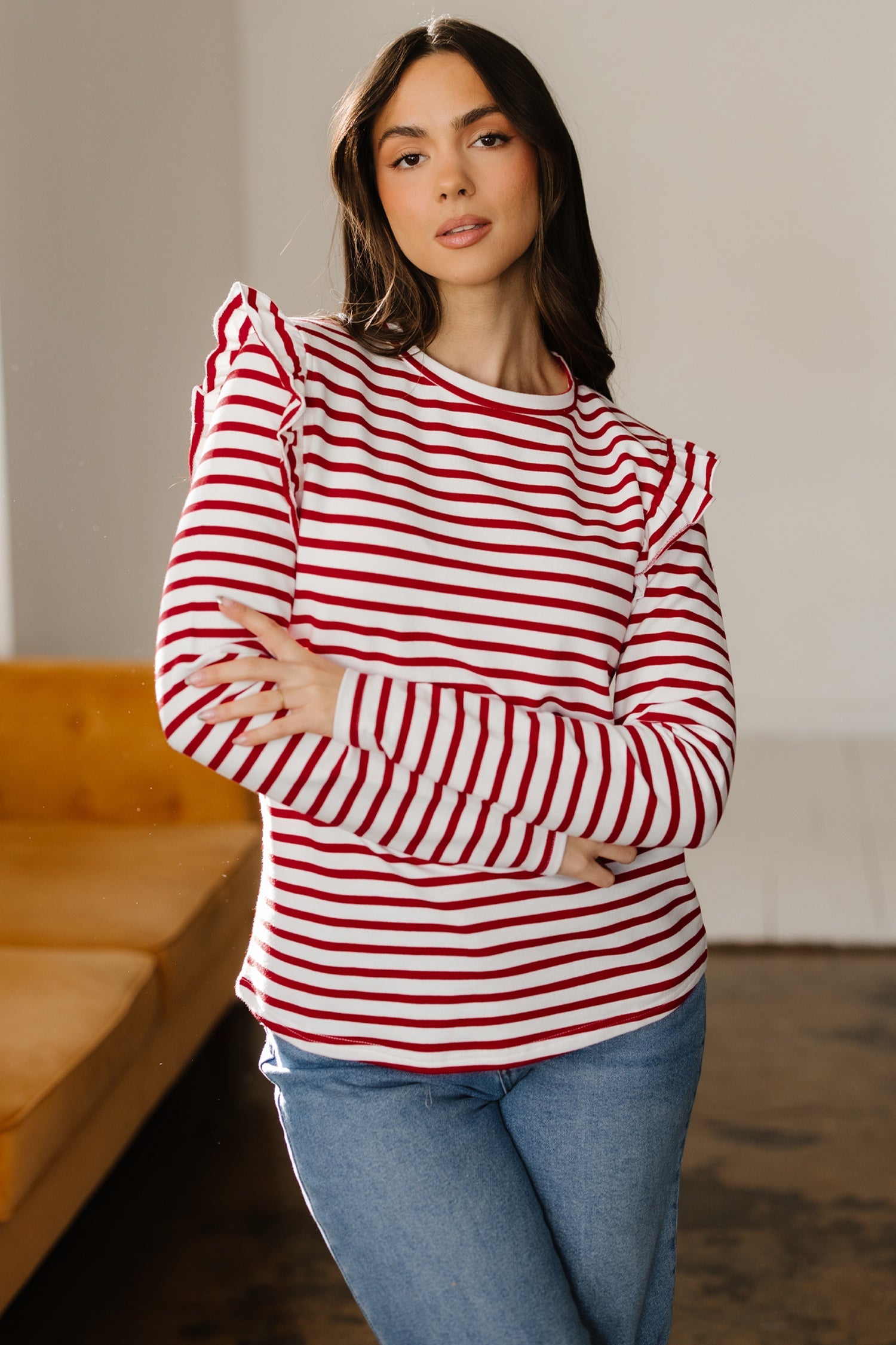 Ruffle Stripe Round-Neck Trim Long-Sleeved Top in Red