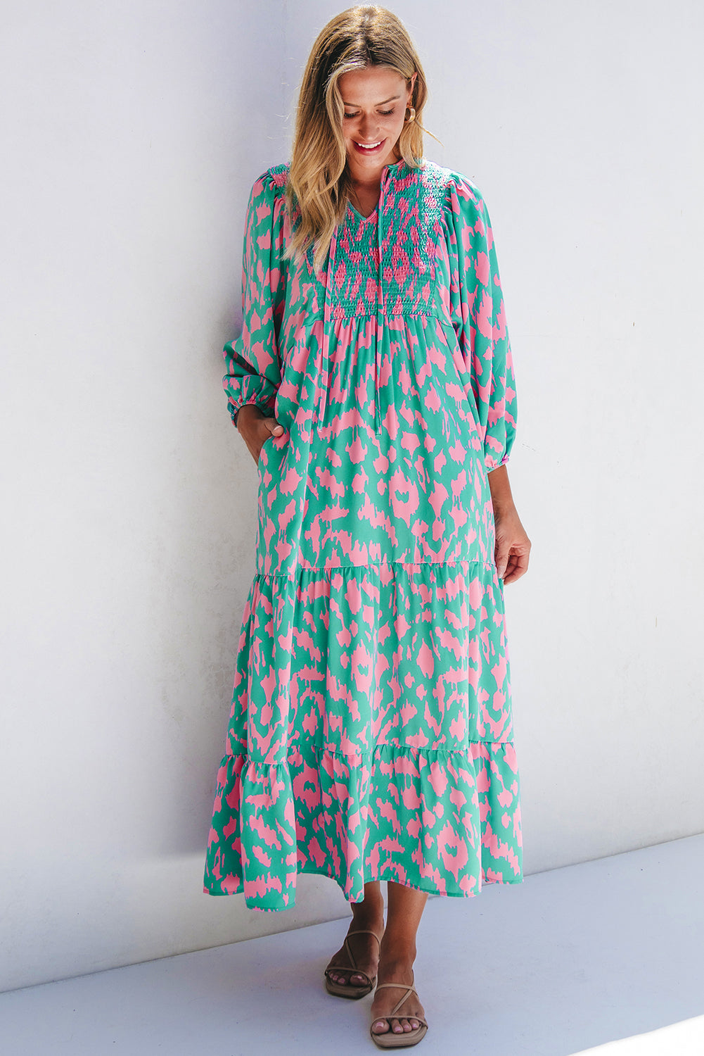 Women's Dress Featuring Tie-Front Notched Neck Long