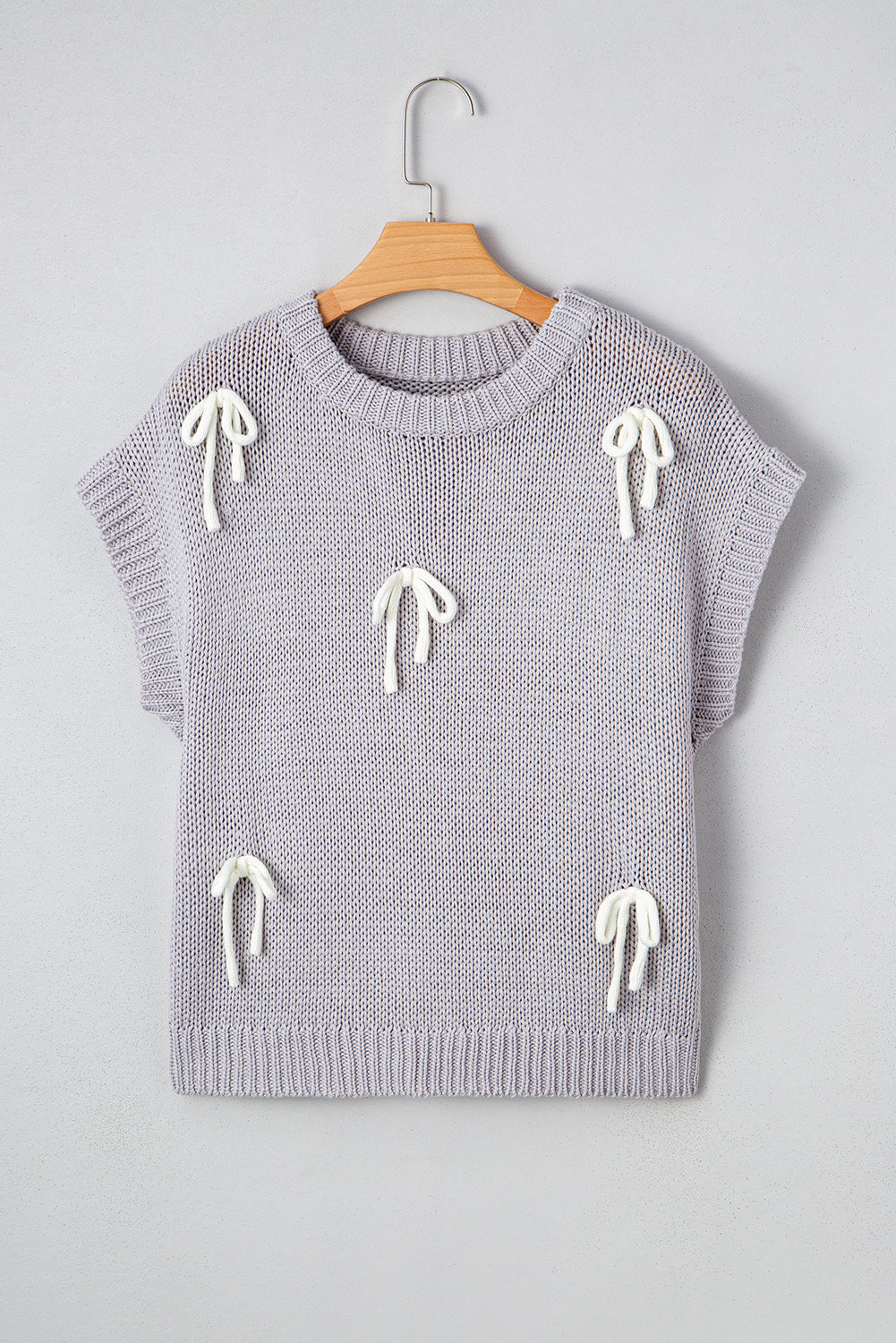 Bowknot Sleeve Applique Cap Crew-Neck Knit Top in Grey