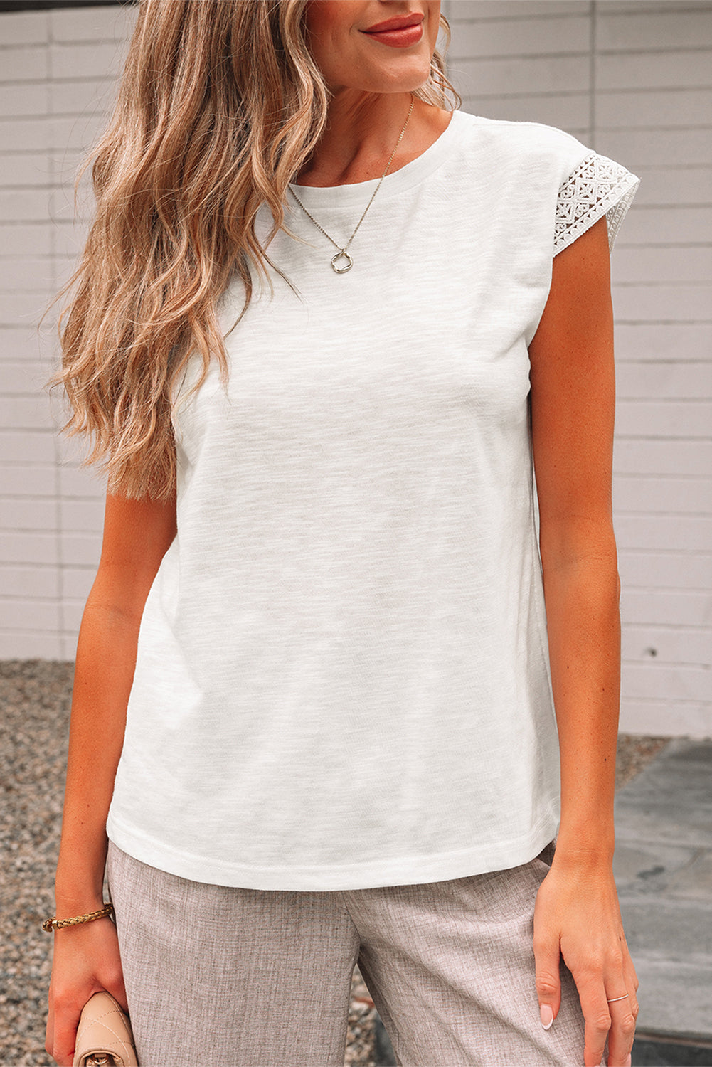 Lace Patchwork Cap Sleeve Round-Neck T Shirt