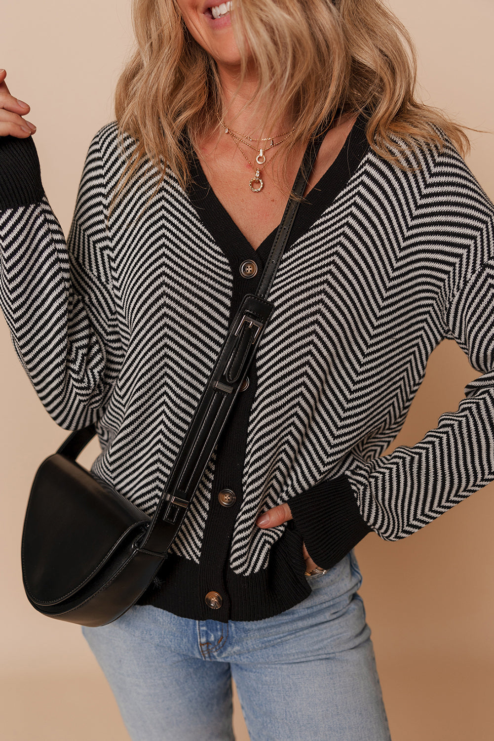 Stripe Button-Front Herringbone Cardigan in Black White