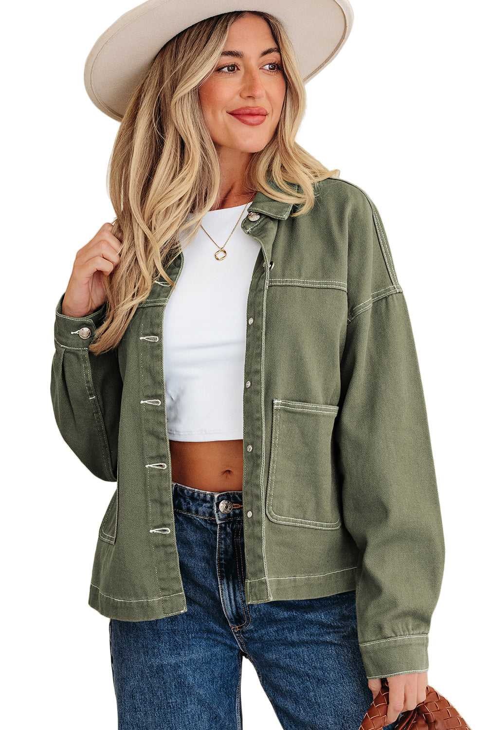 Collared Patched Pocket Button Front Boyfriend Denim Jacket