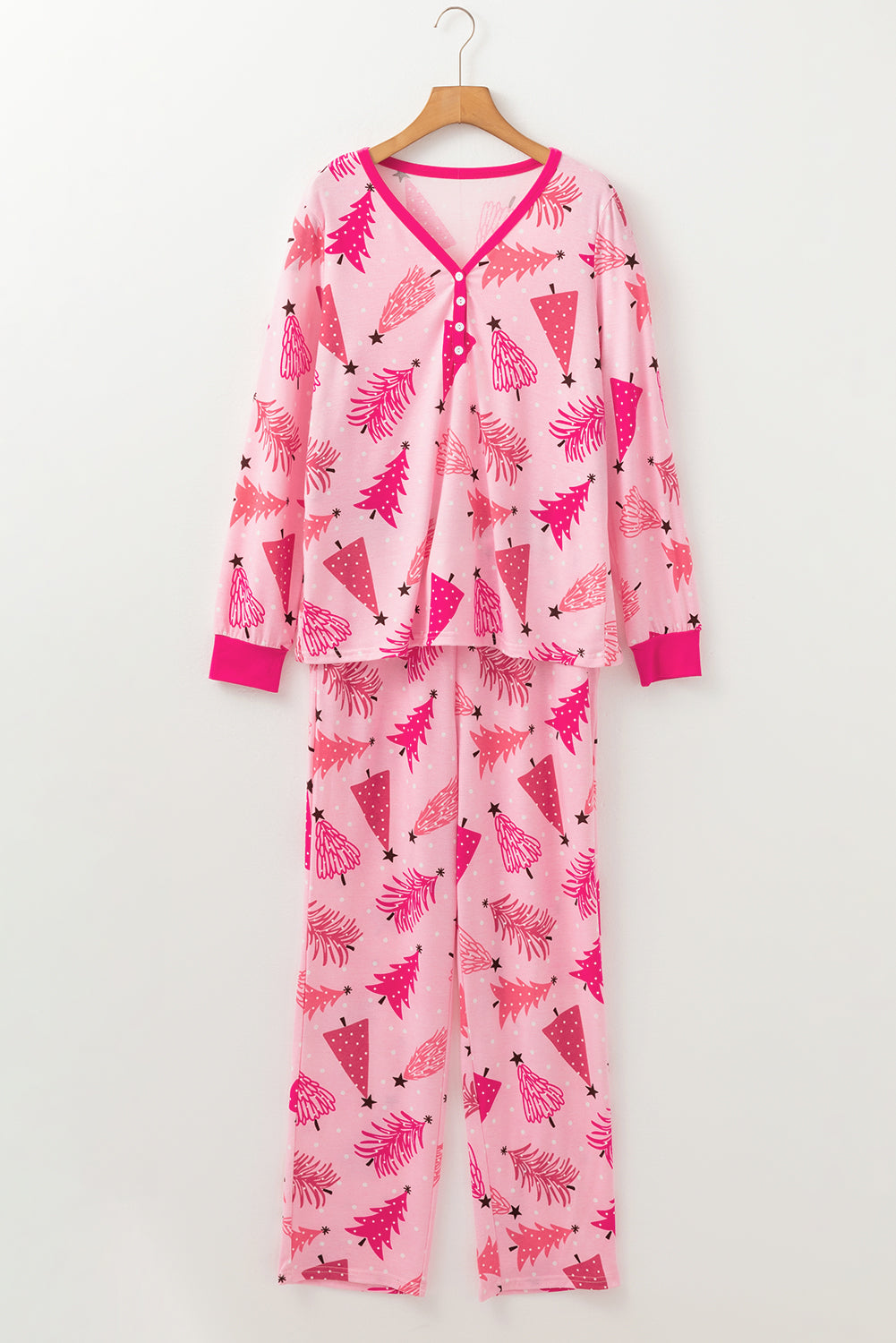 Tree Print Christmas Print V-Neck Button-Front Pullover and Drawcord Pants Lounge Set
