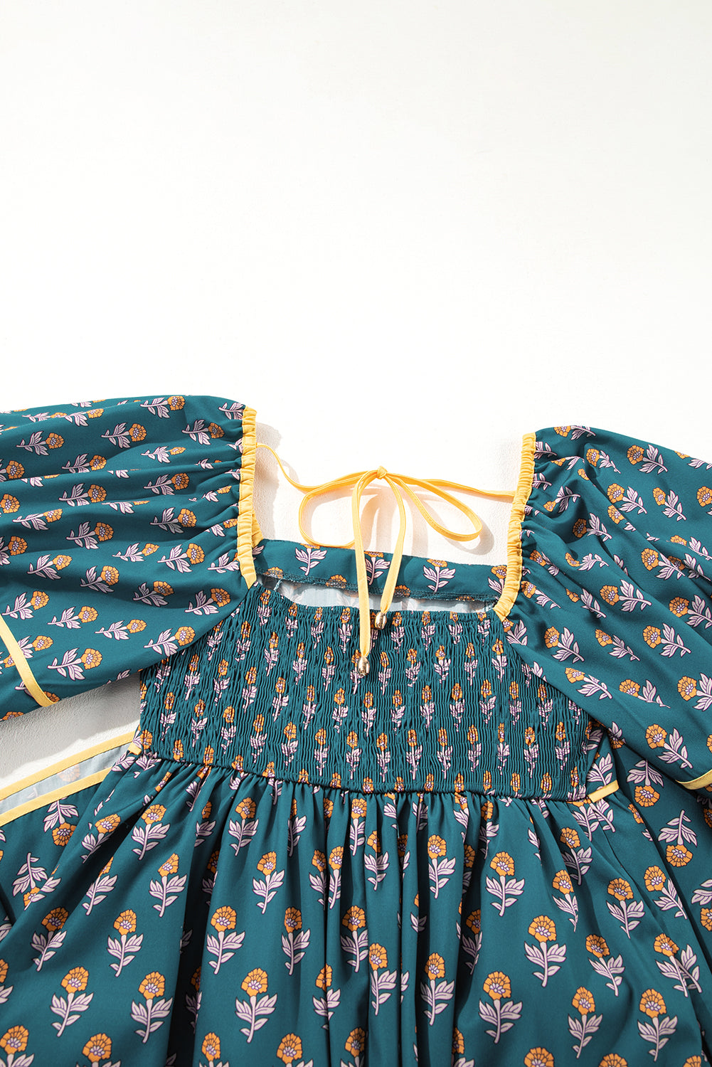 Floral Contrast Trim Square Neck Puff Sleeve Dress