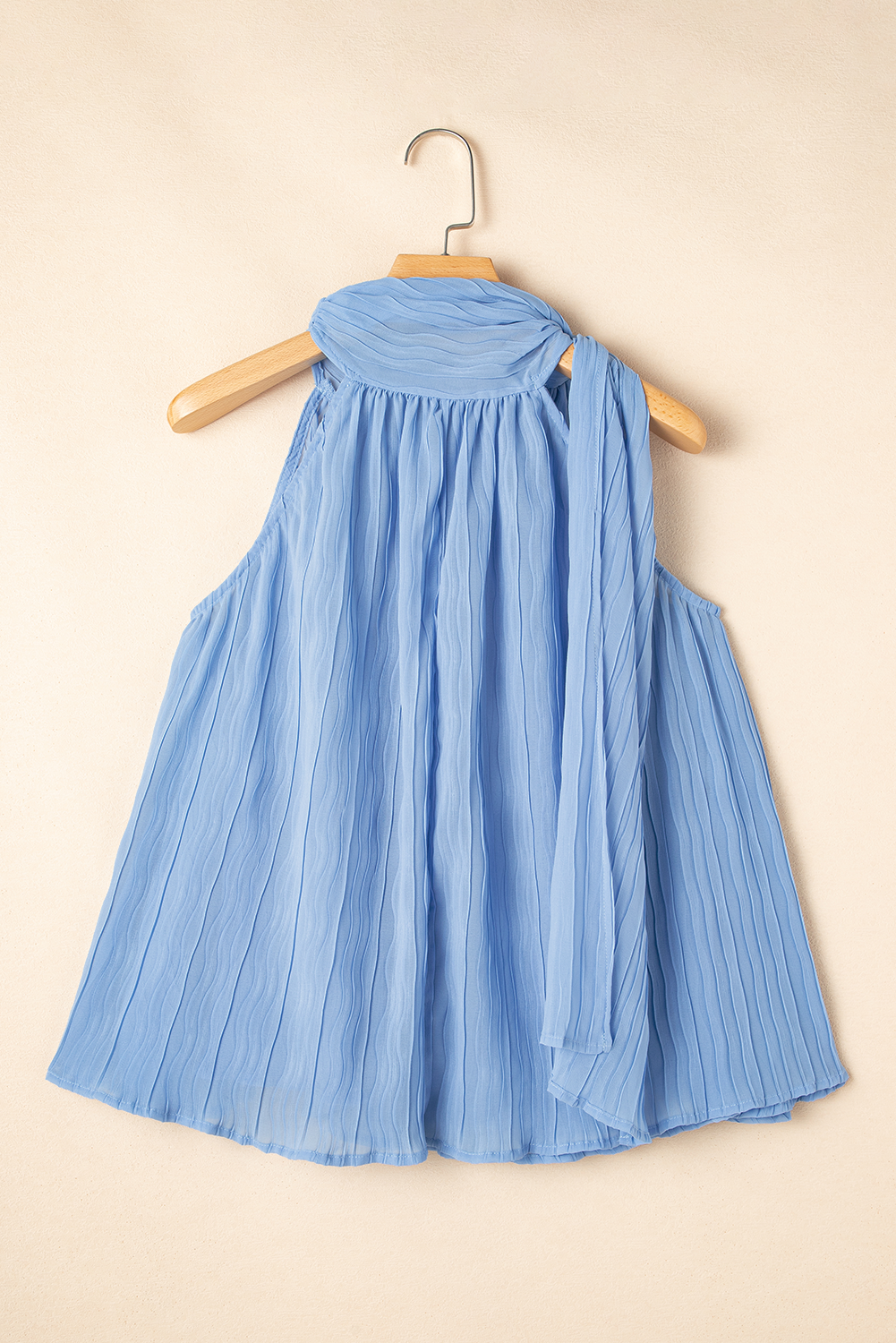 Textured Pleated Tied Mock Neck Flowy Tank Top
