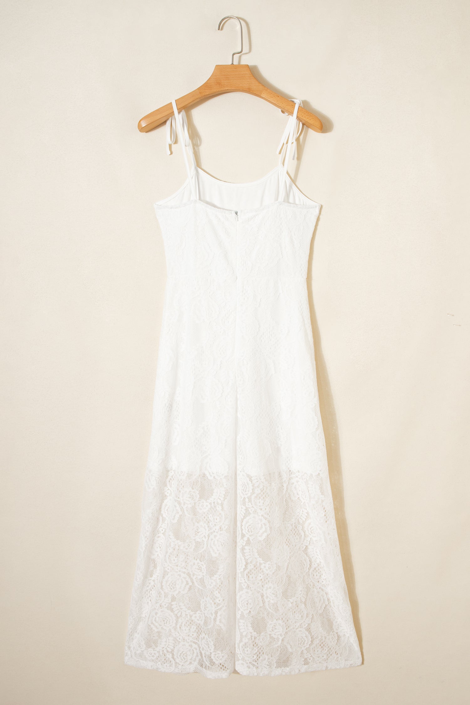 Polished Spaghetti White Tie Straps Floral Lace Overlay Long Dress