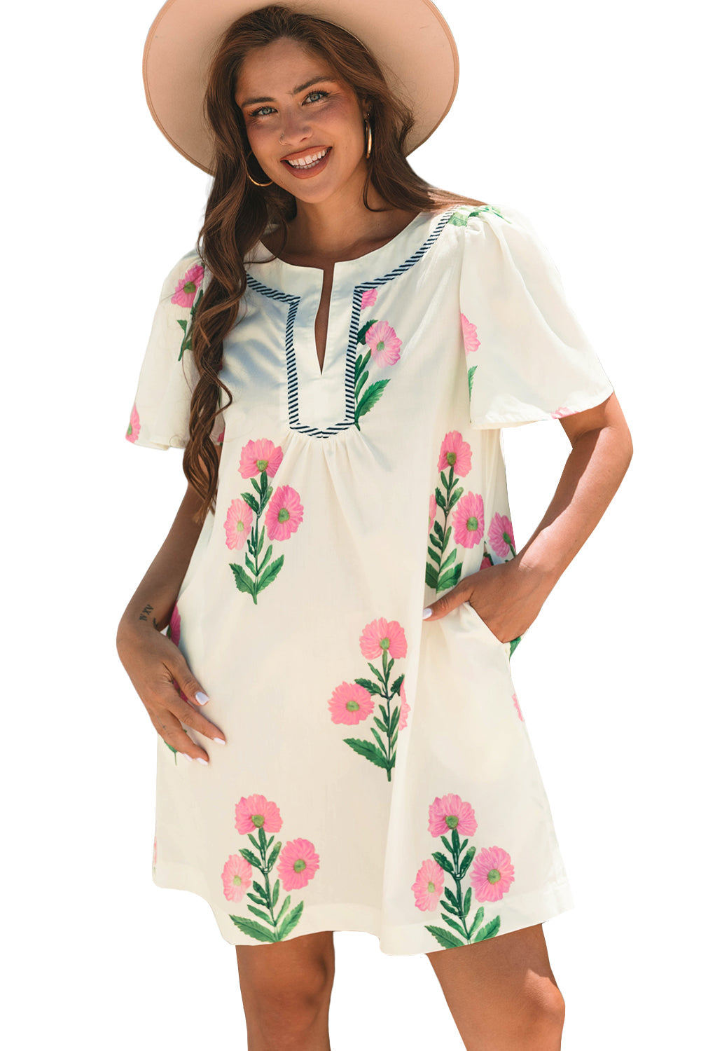 Floral Neck Short-Sleeved Split Loose Mini Dress