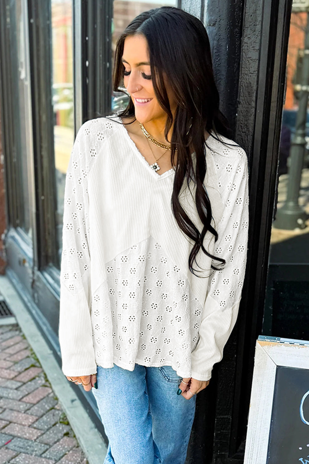Twisted Embroidered Rib Patchwork Loose V-Neck Long-Sleeved Top