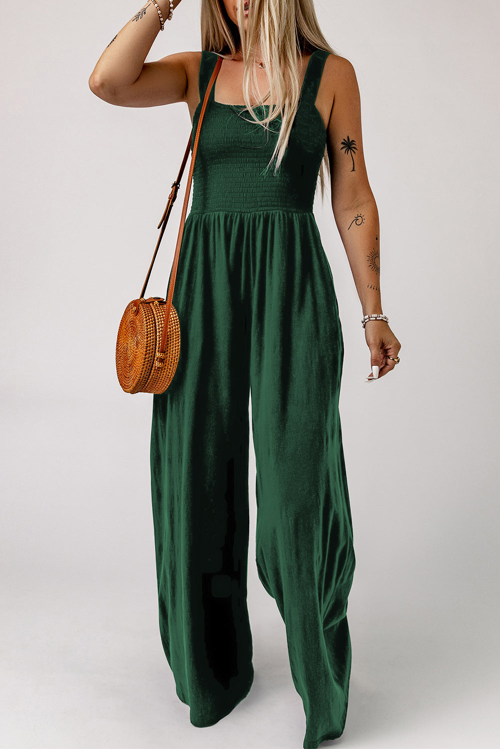 Women's Shirred Sleeveless Wide Leg Jumpsuit