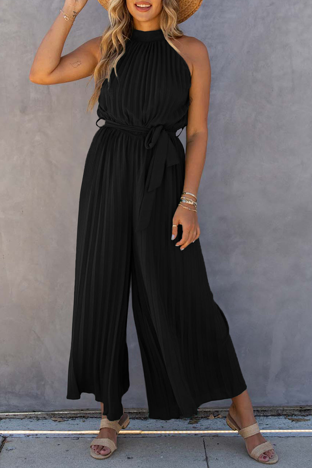 Women's Belt Featuring Pleat-Detail Wide-Leg Jumpsuit with Halter Neck