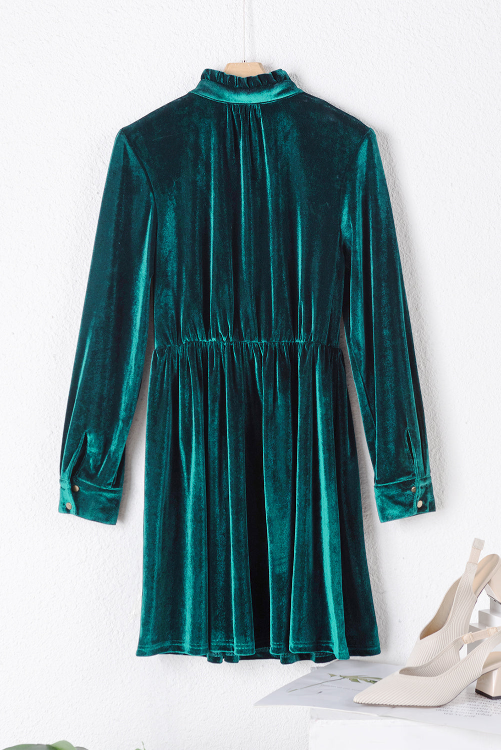 Velvet Buttoned Front Ruffled Mini Dress