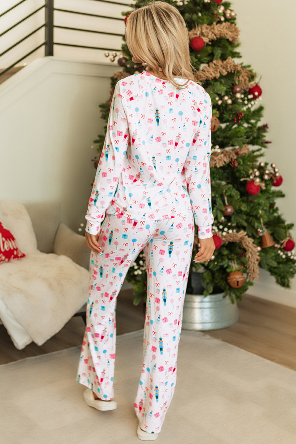 Christmas Top Pattern Long-Sleeved and Wide-Leg Pants Set