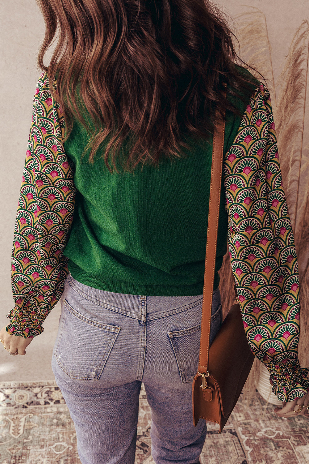 Floral Cuff Patchwork Shirred Puff Sleeve Knit Top