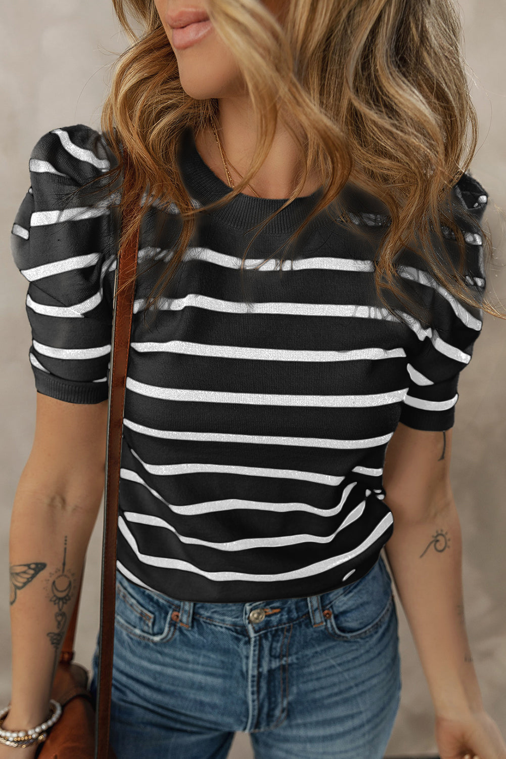 Trim Round-Neck Rib-Knit Round-Neck Bubble Sleeve Knit Top