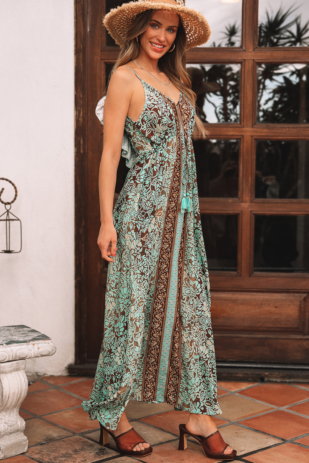 Green Floral Print Backless Tassel Waist Maxi Dress