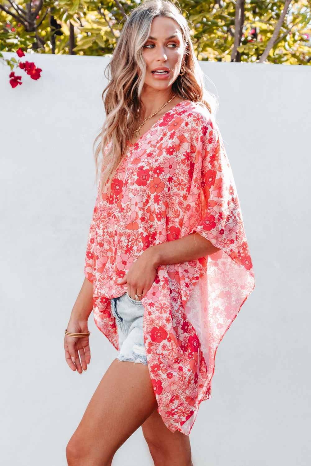 Blouse for Women V Neck Kimono Style Bohemian Floral-Print