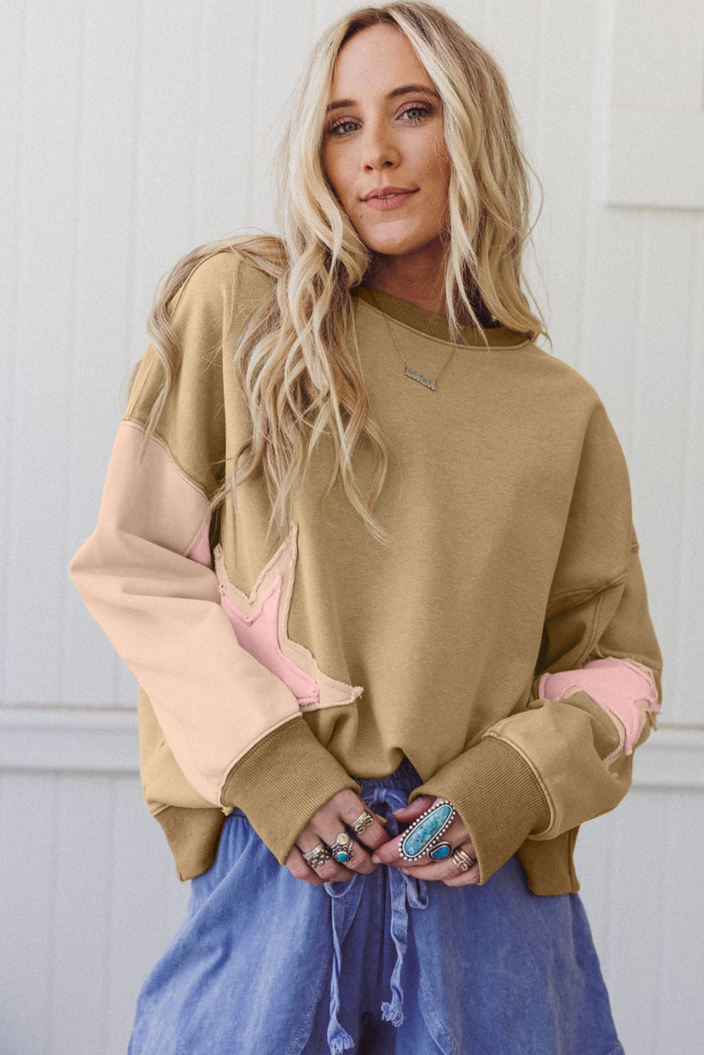 Patchwork Contrast Star Exposed Seam Uneven Hem Drop-Shoulder Sweatshirt