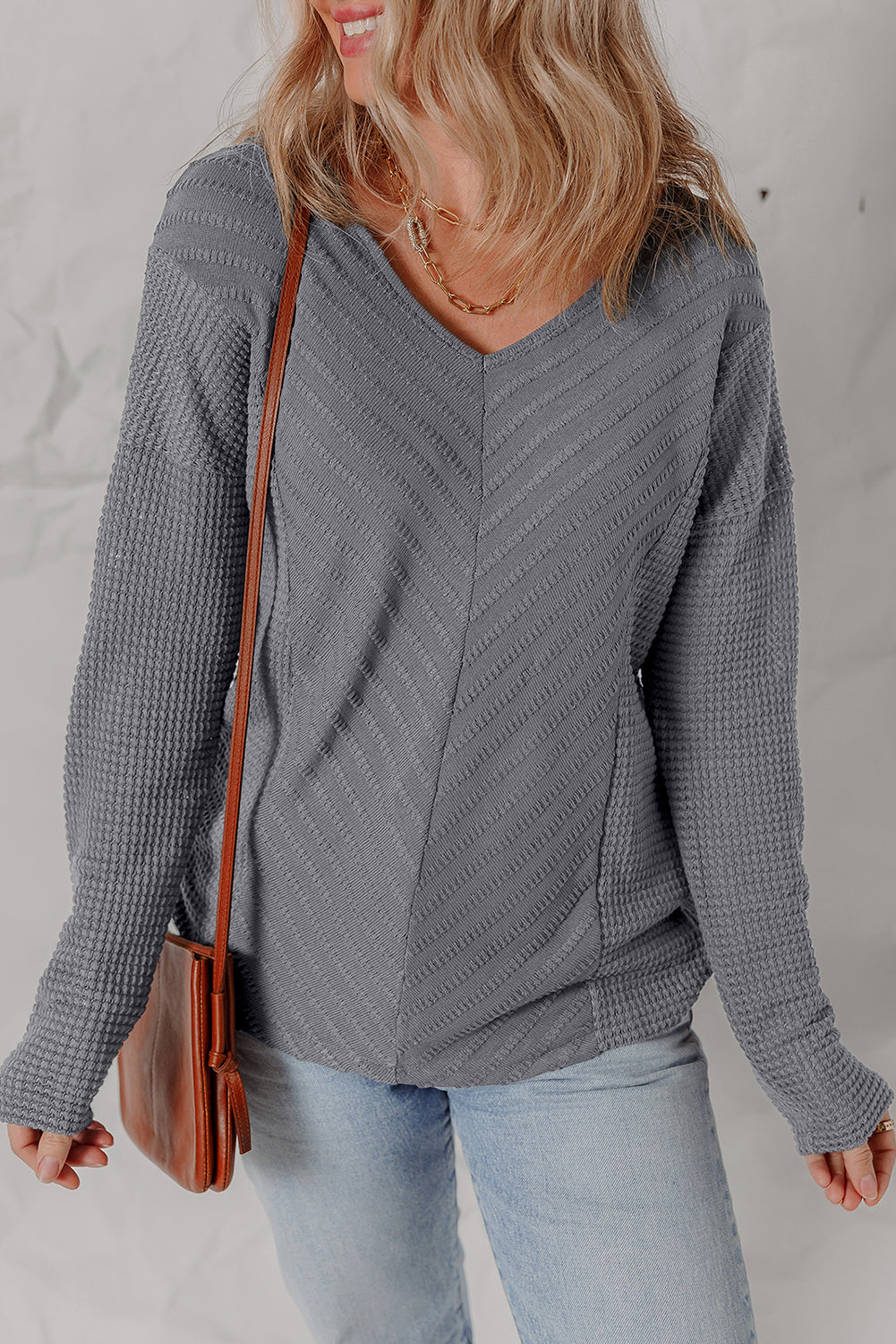 V-Neck Patchwork Chevron Texture Long-Sleeved Knit Top