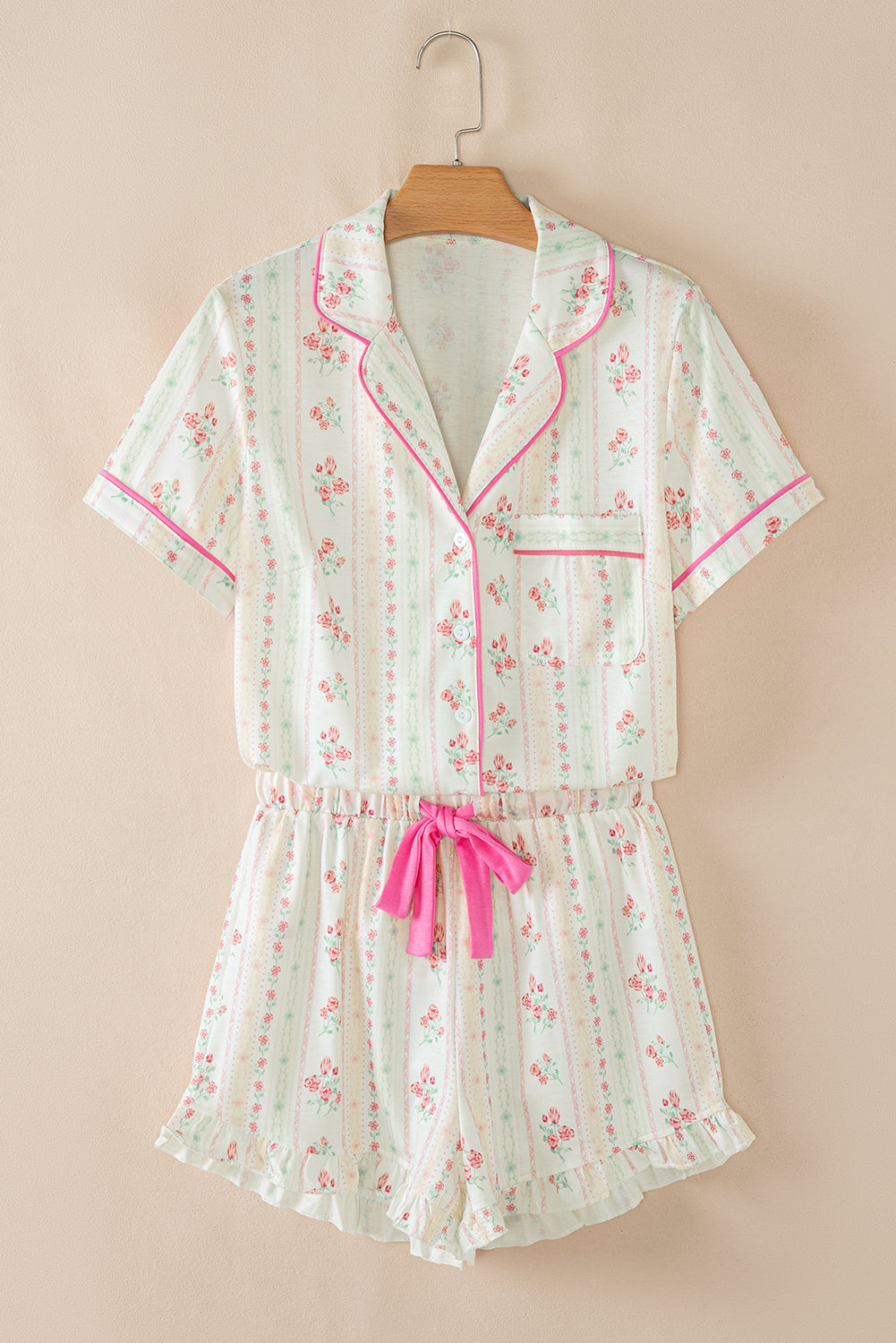 Contrast Pipping Floral-Print Pipping Short Pajamas Set