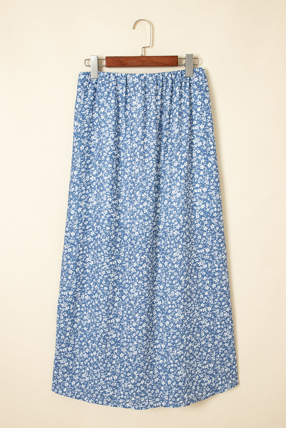 Boho Long Floral High-Waisted Skirt with Side Split in Sky Blue