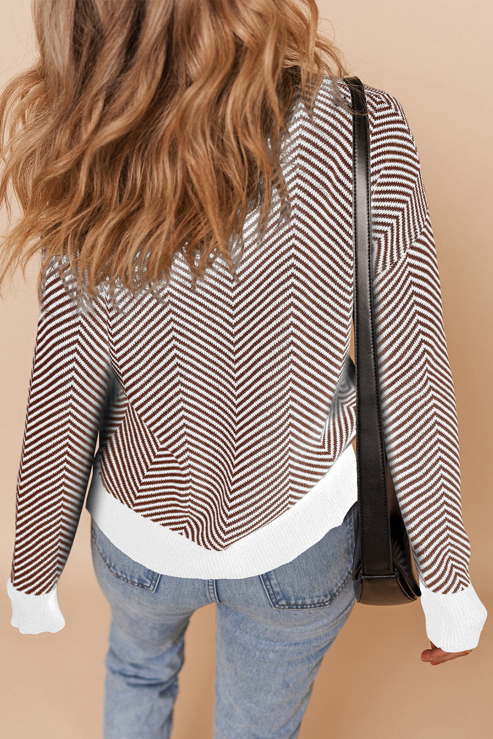 Button-Front V-Neck Stripe V-Neck Herringbone Cardigan in Brown