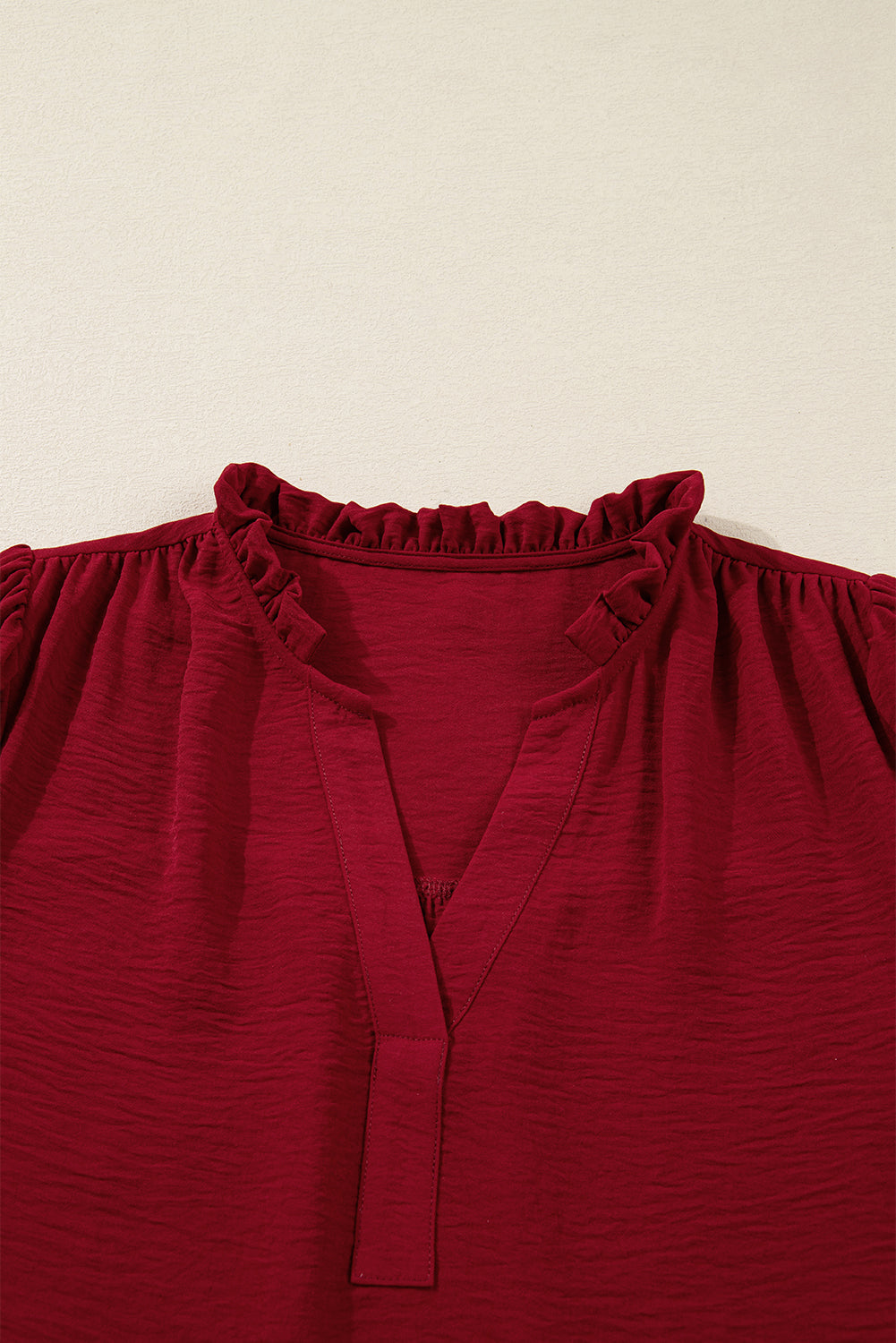 Neck Shirred Notched Shirred Cuff Long-Sleeved Blouse
