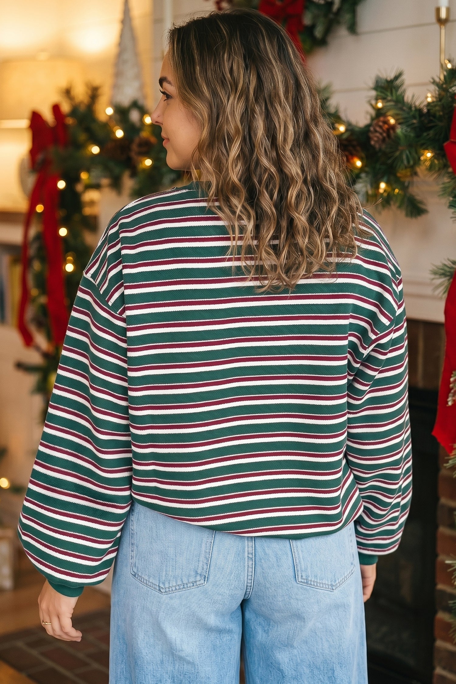 Stripe Round-Neck Long-Sleeved Shift Plus Size Sweatshirt in Green