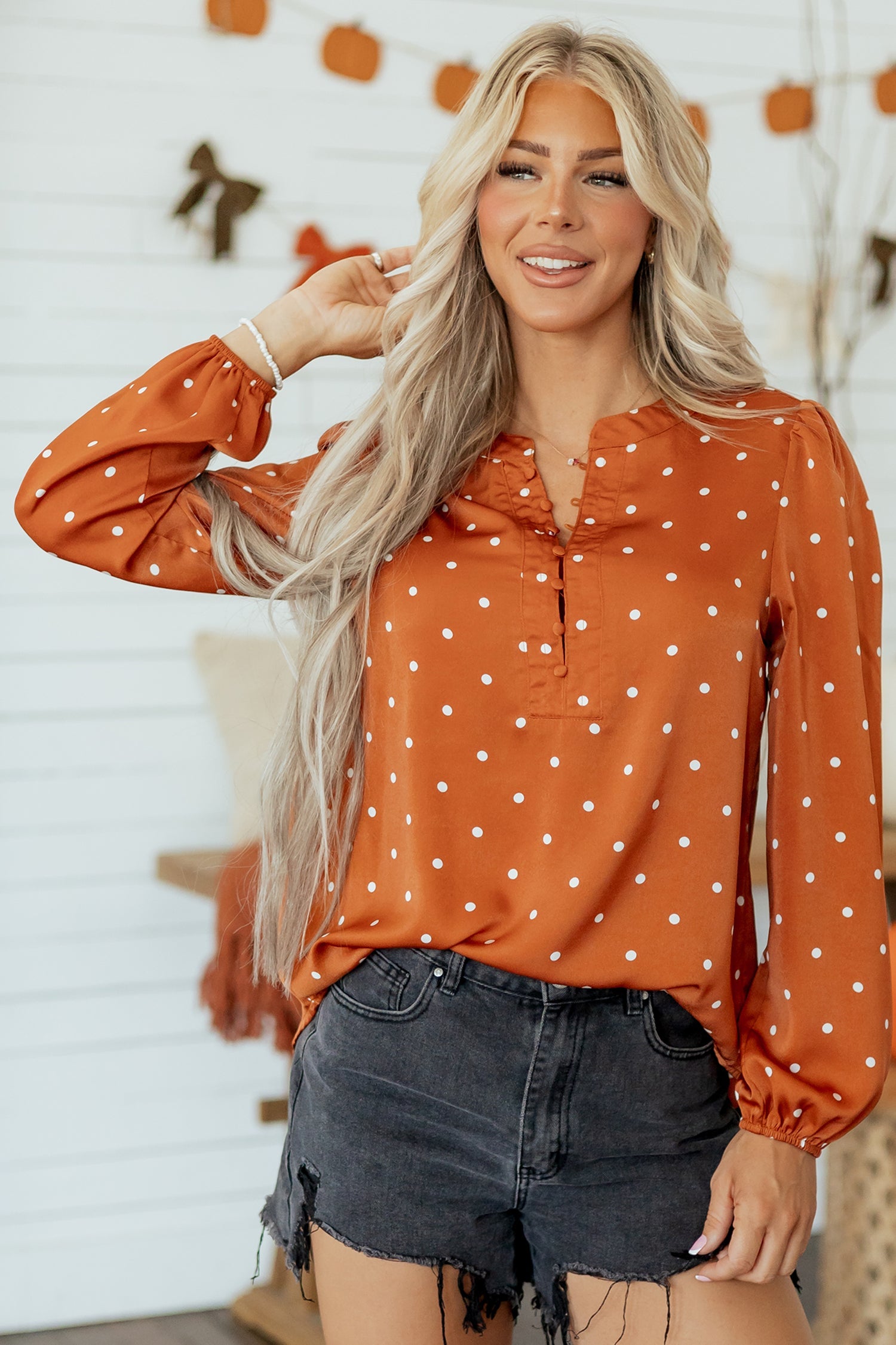 Long-Sleeved Polka-Dot V-Neck Blouse in Brown