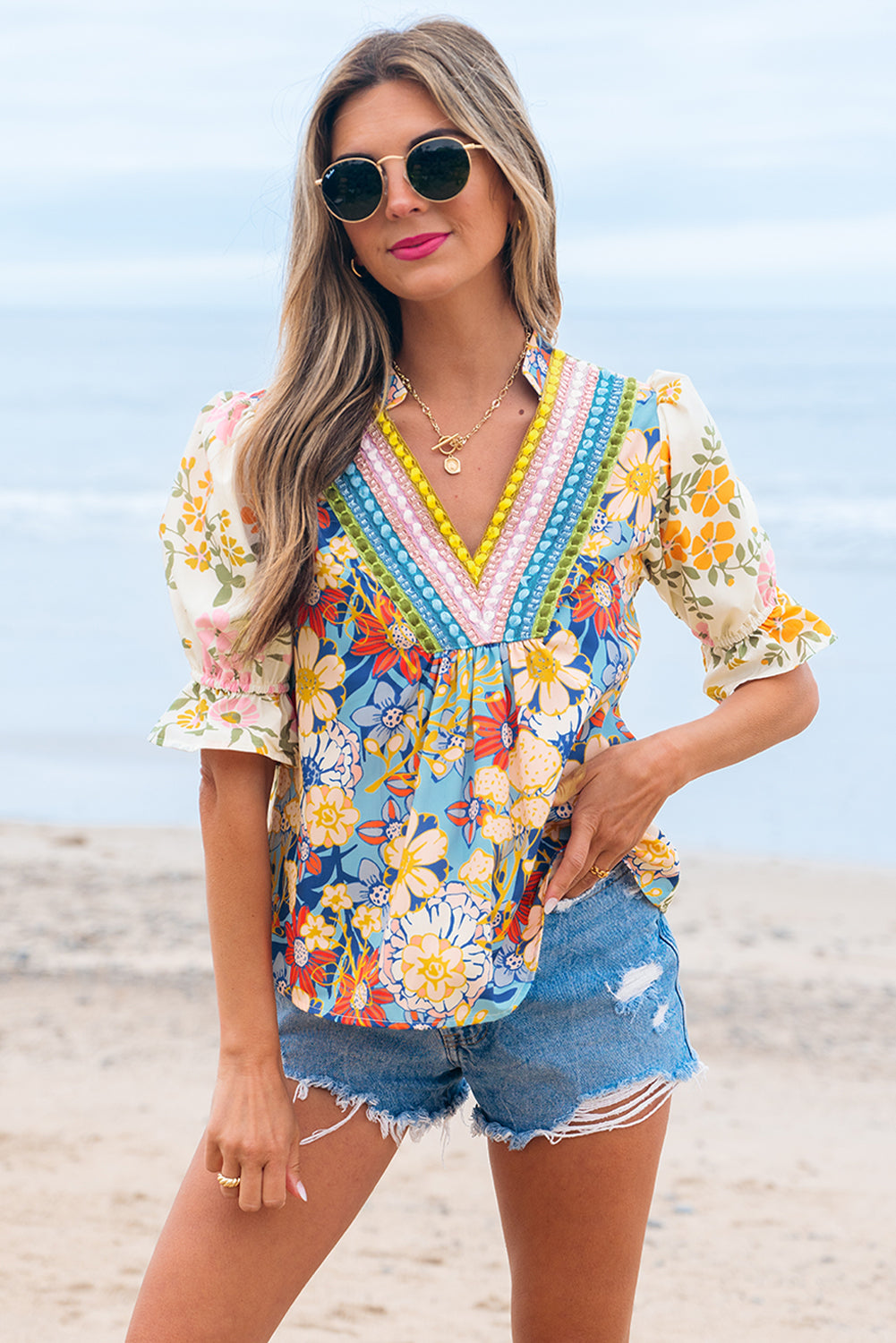 Crochet V Neck Half Sleeve Boho Floral Blouse