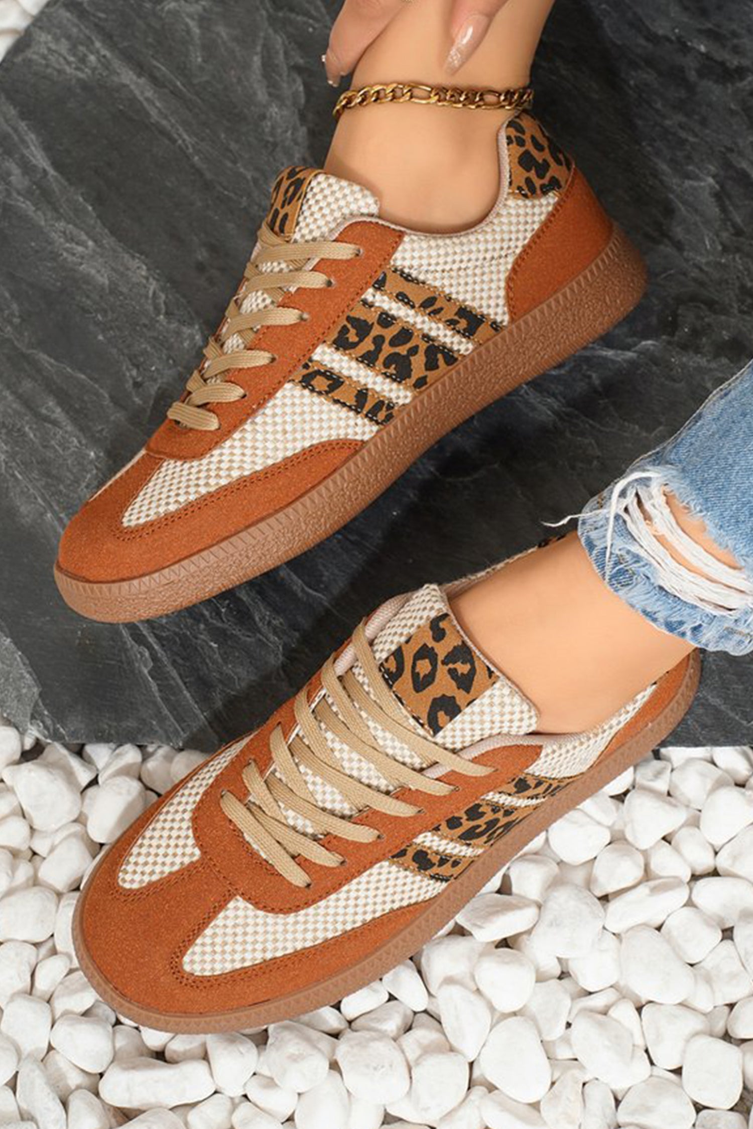 Checkered Leopard Colorblock Patchwork Lace Up Sneakers