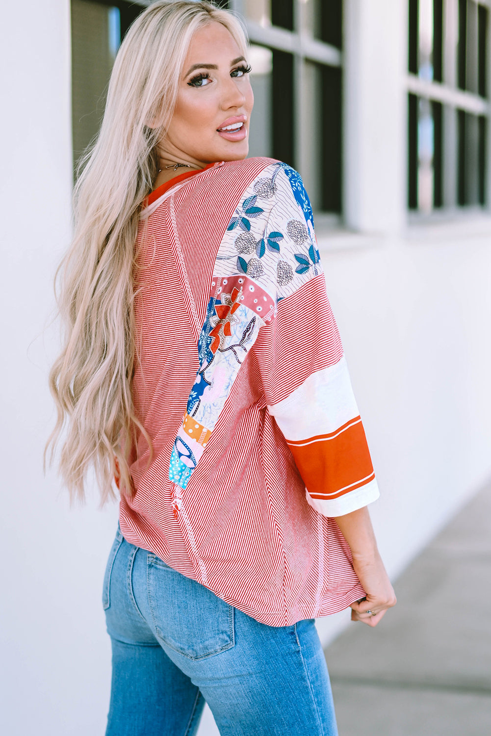 Pinstriped Color Block Patchwork Oversized Top