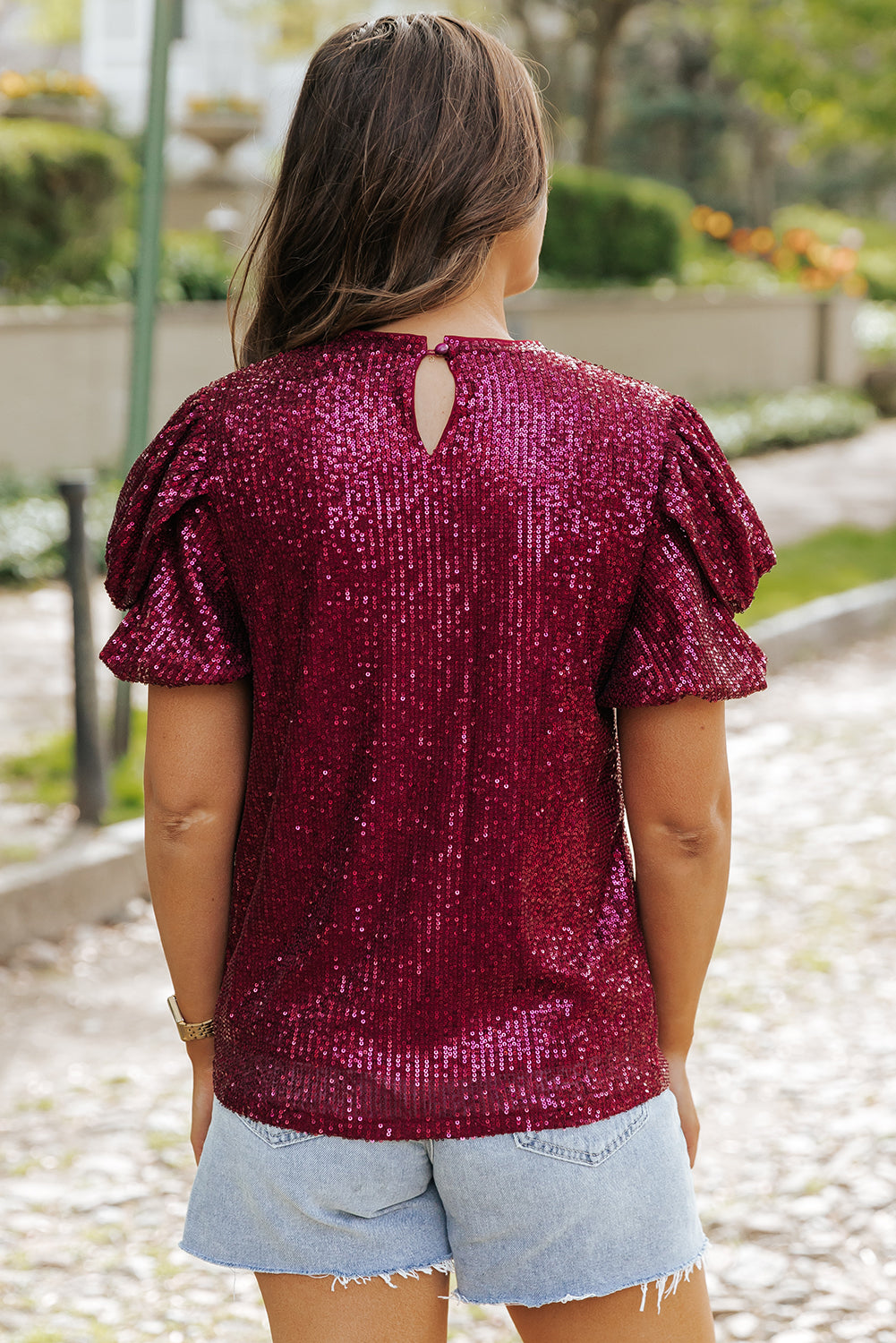 Women's Sleeve Sparkling Sequin Short Bubble Blouse