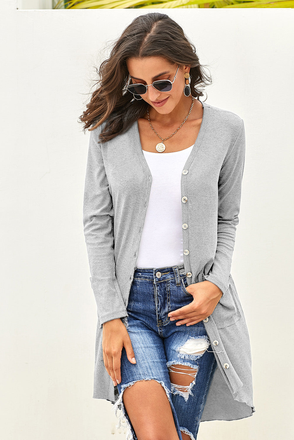 Women's Knitted High Low Light Gray Selected Button Down Pocket-Detail Long Cardigan