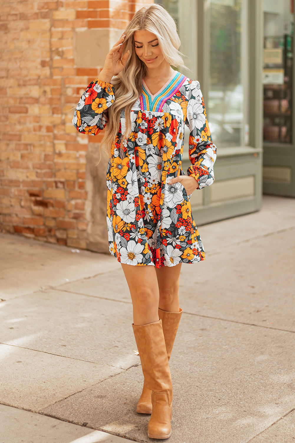 Floral-Print Striped Lace V-Neck Long-Sleeved Mini Dress