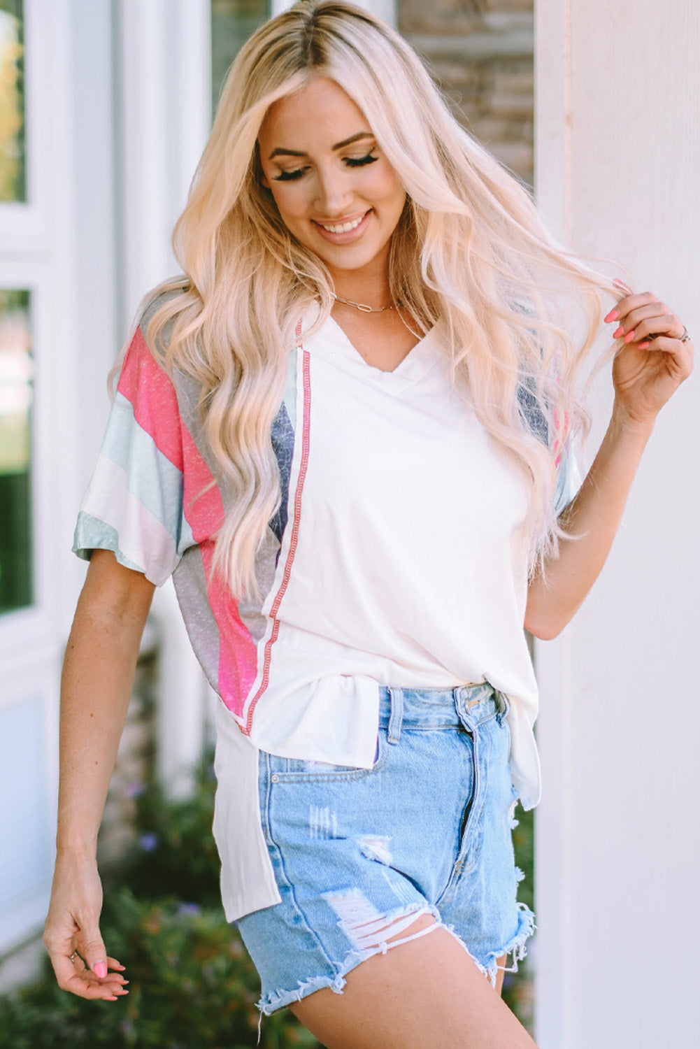 Women's T Shirt with White Stripe Patchwork