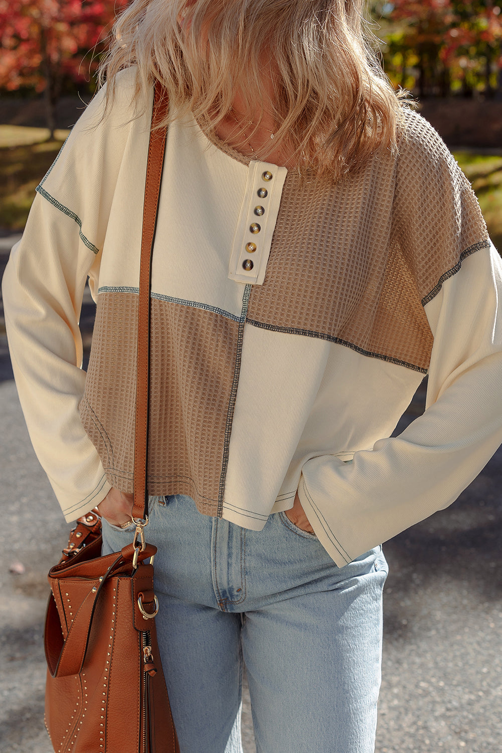 Waffle Knit Colorblock Knit Stitch Detail Long-Sleeved Top in Beige