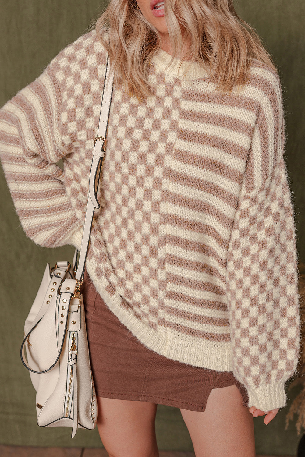 Checkerboard Sleeve Drop-Shoulder Balloon Knit Top
