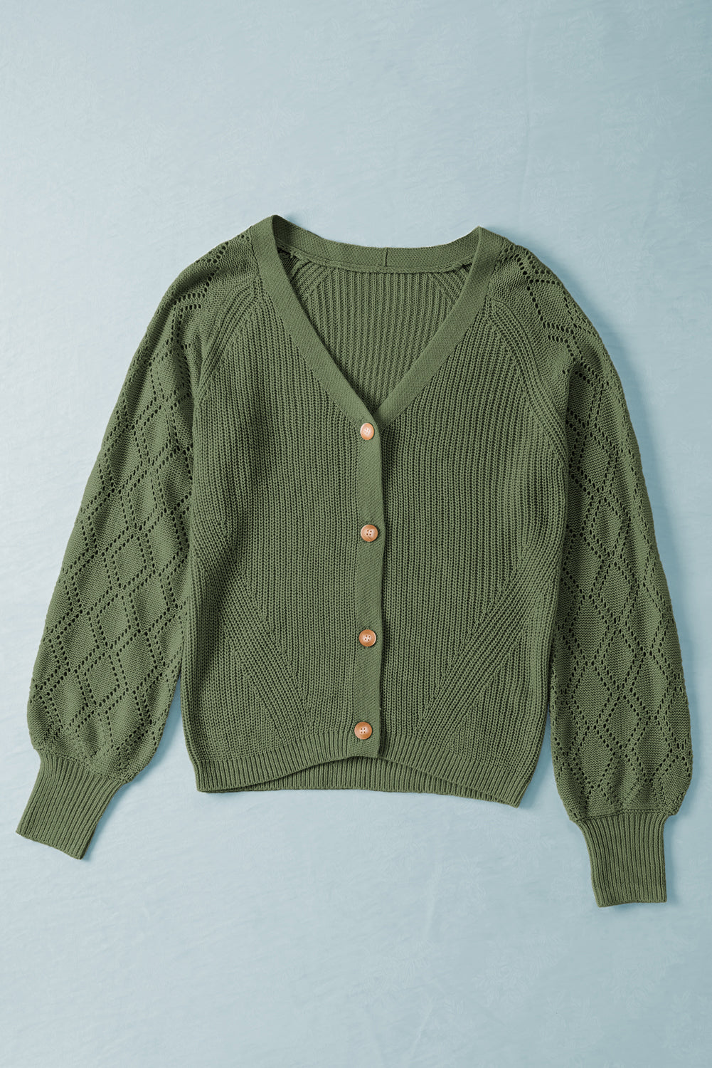 Button Bishop Sleeve V-Neck Cardigan Knit Top