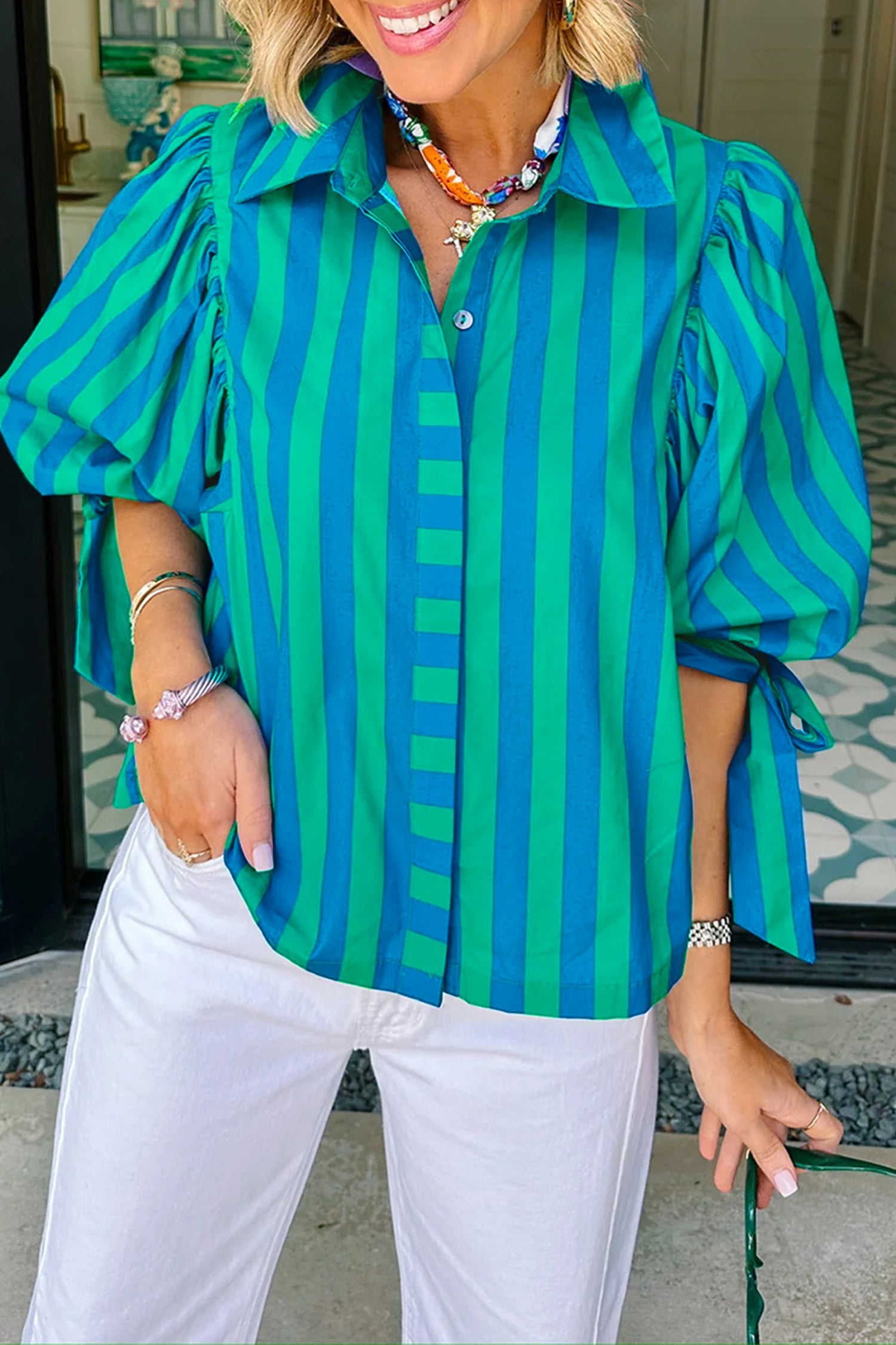 Tie Puff Stripe Puff Sleeve Womens Button Down Shirt in Blue