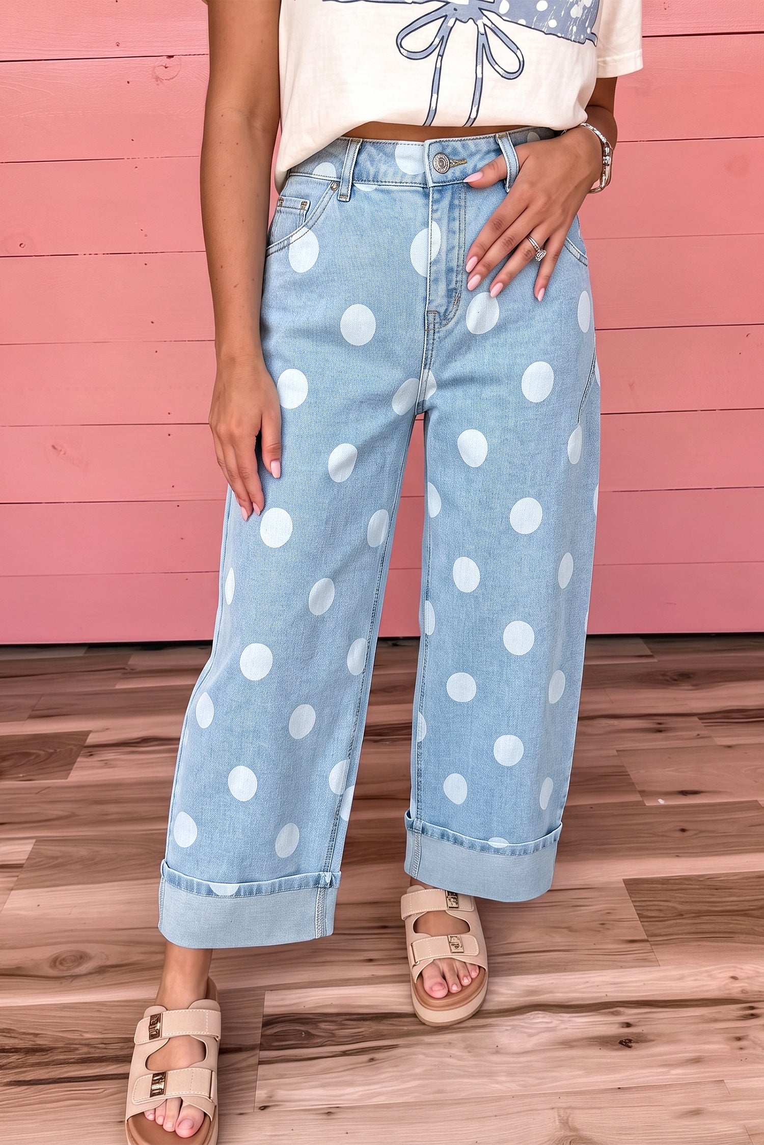 Ankle-Length Metal Polka-Dot Metal Button Everyday Jeans in Sky Blue