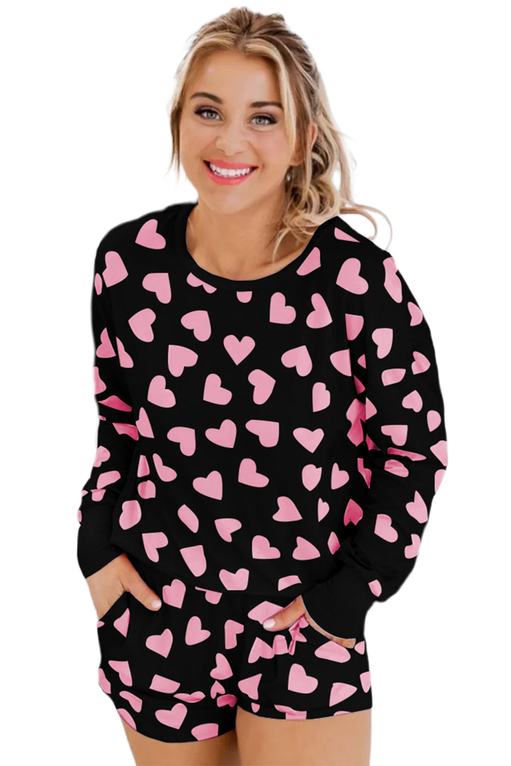 Shape Valentine Heart Print Long-Sleeved Top Shorts Lounge Set