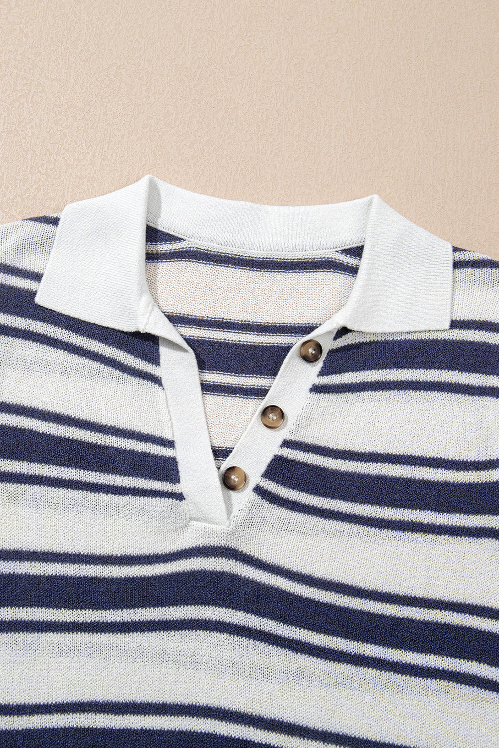 Stripe Collared Button V Neck Knitted T Shirt