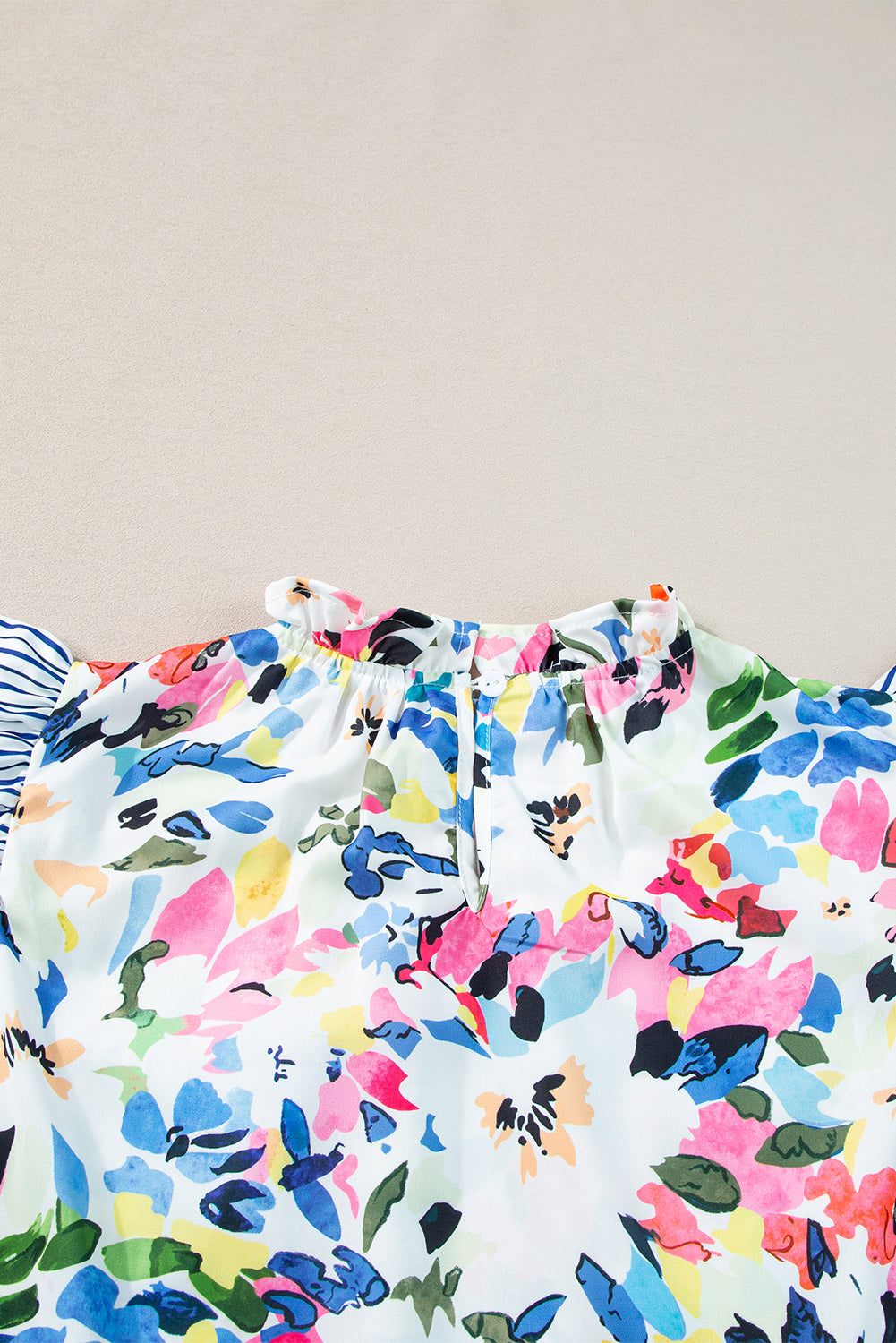Women's Blouse with Floral-Print Print Striped Ruffle-Trimmed Sleeve
