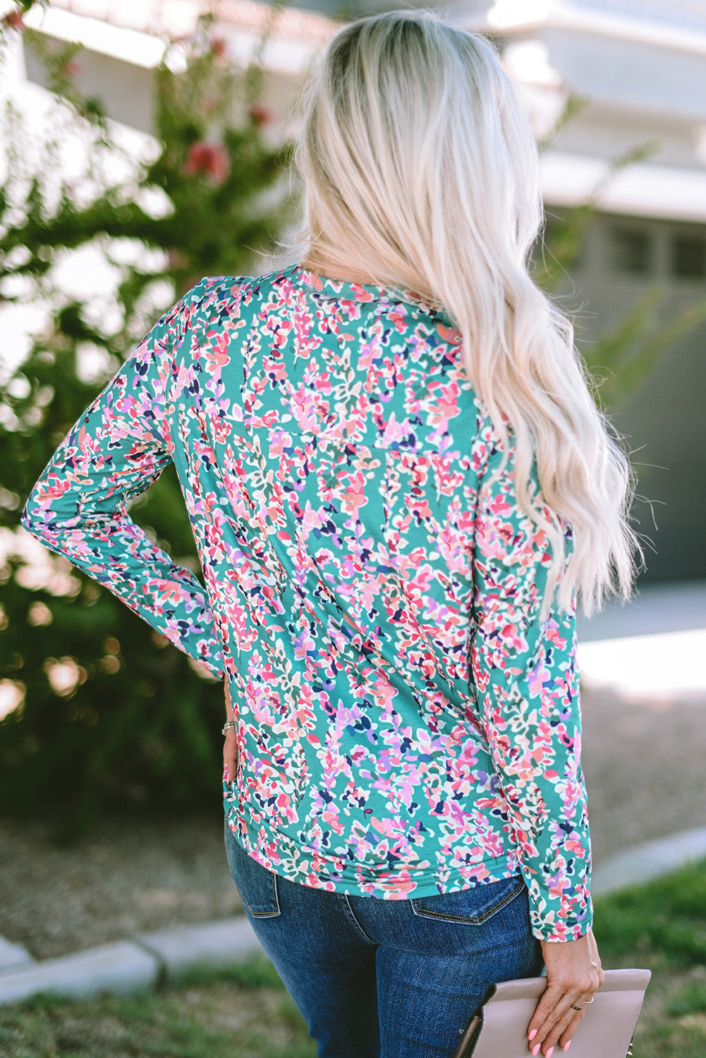 Women's Blouse Featuring Floral-Print Pleat-Detail Round Neck Long-Sleeve