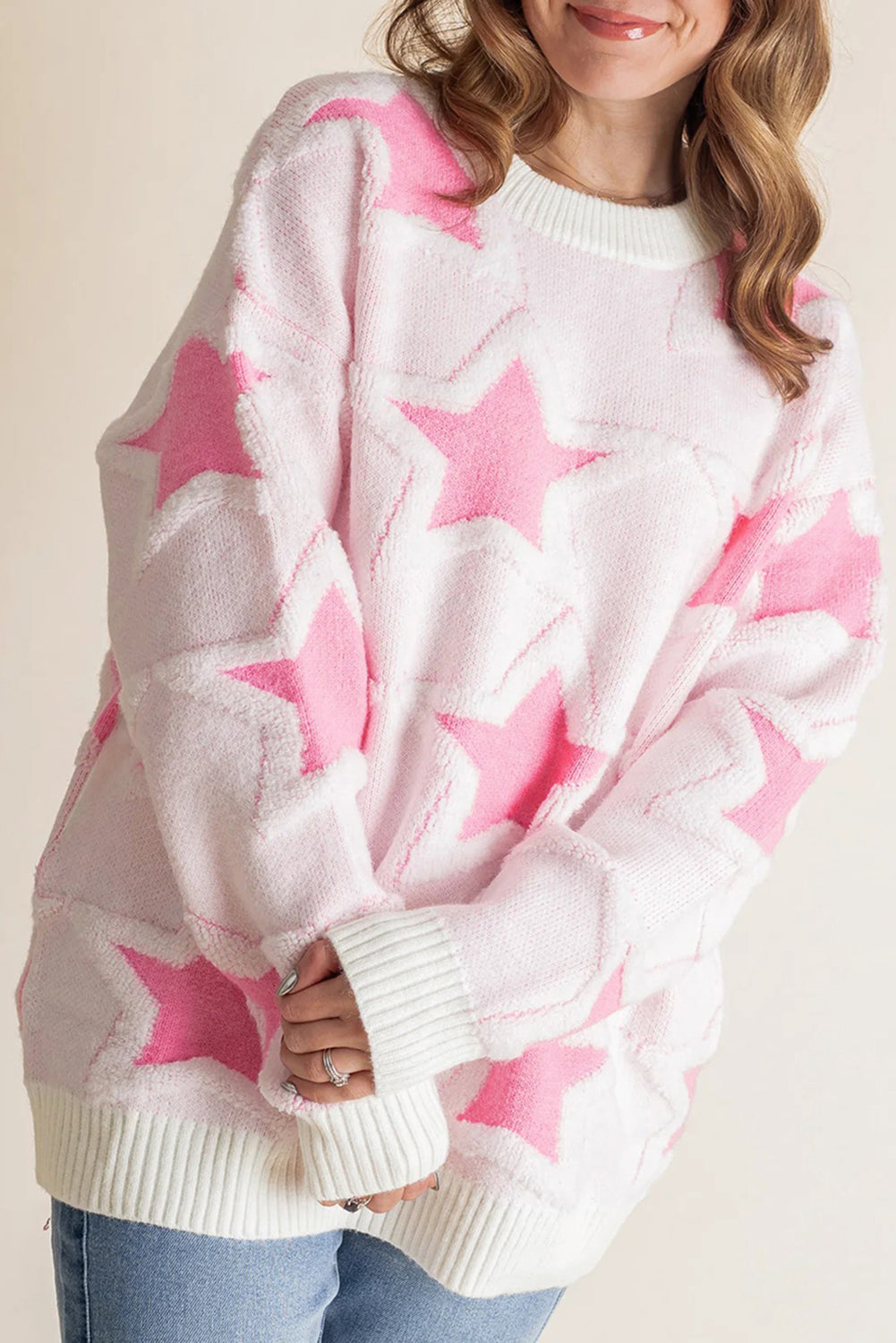 Roomy Cute Star Pattern Rib-Knit Edge Drop-Shoulder Knit Top