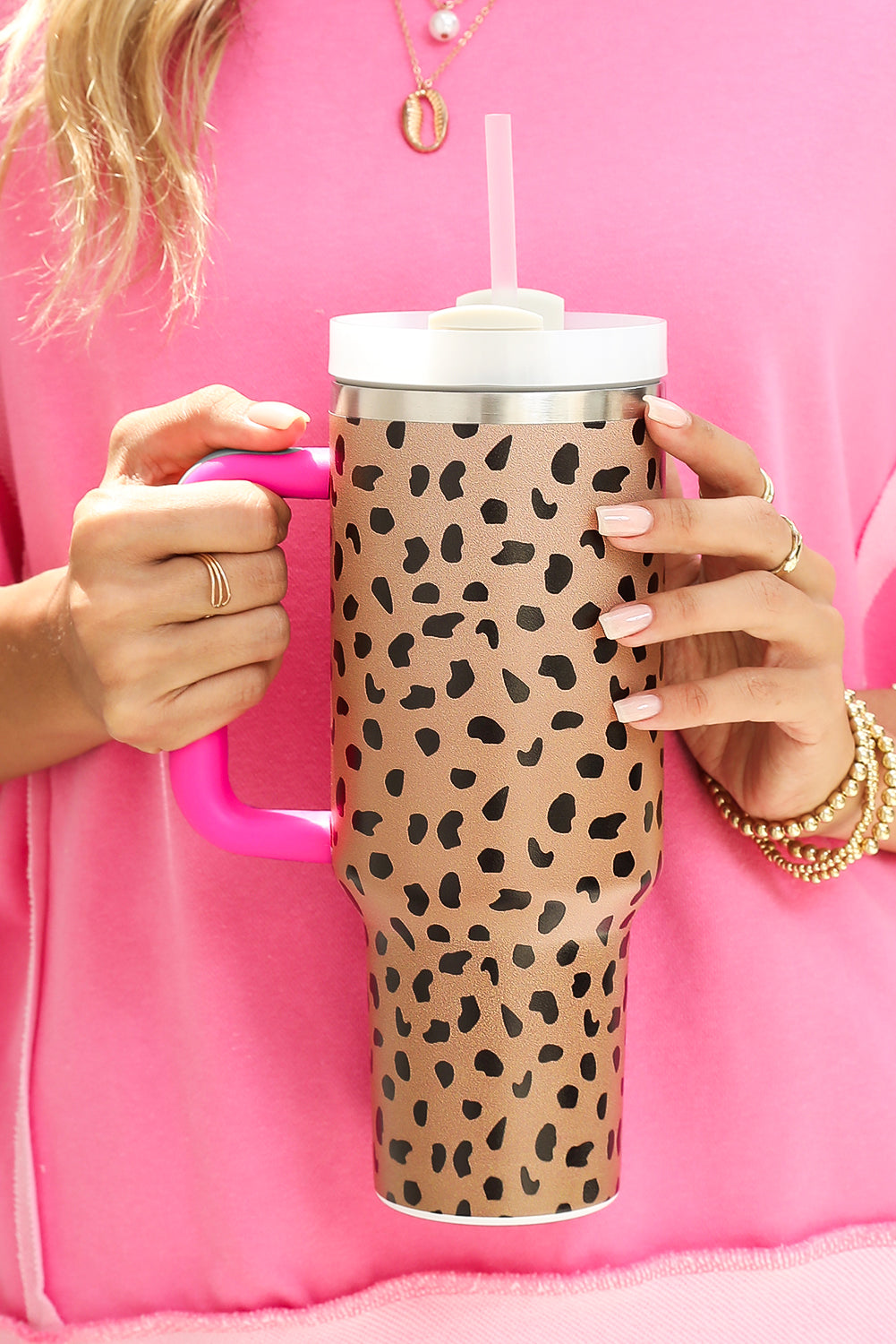 Handled Leopard Printed Cup with Straw 40oz