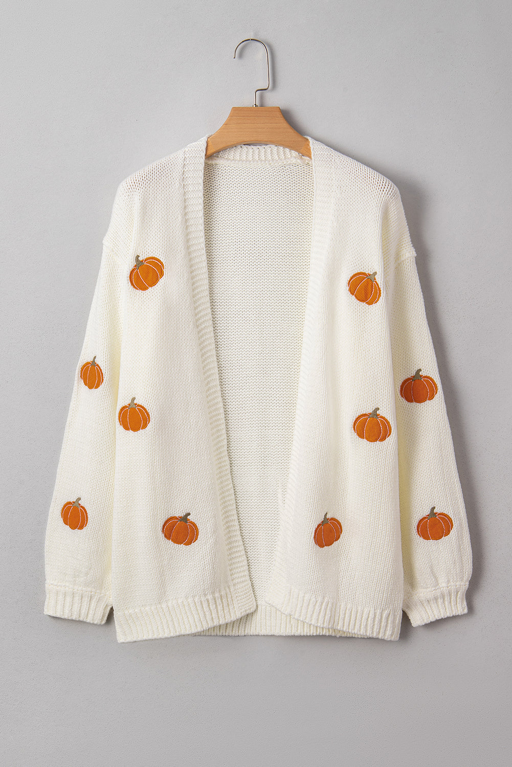 Pumpkin Print Open-Front Drop-Shoulder Midi Cardigan in White