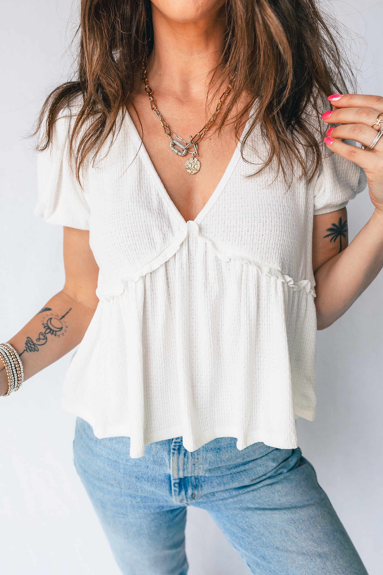 Knit V-Neck Textured V-Neck Short Bubble Sleeve Peplum Top