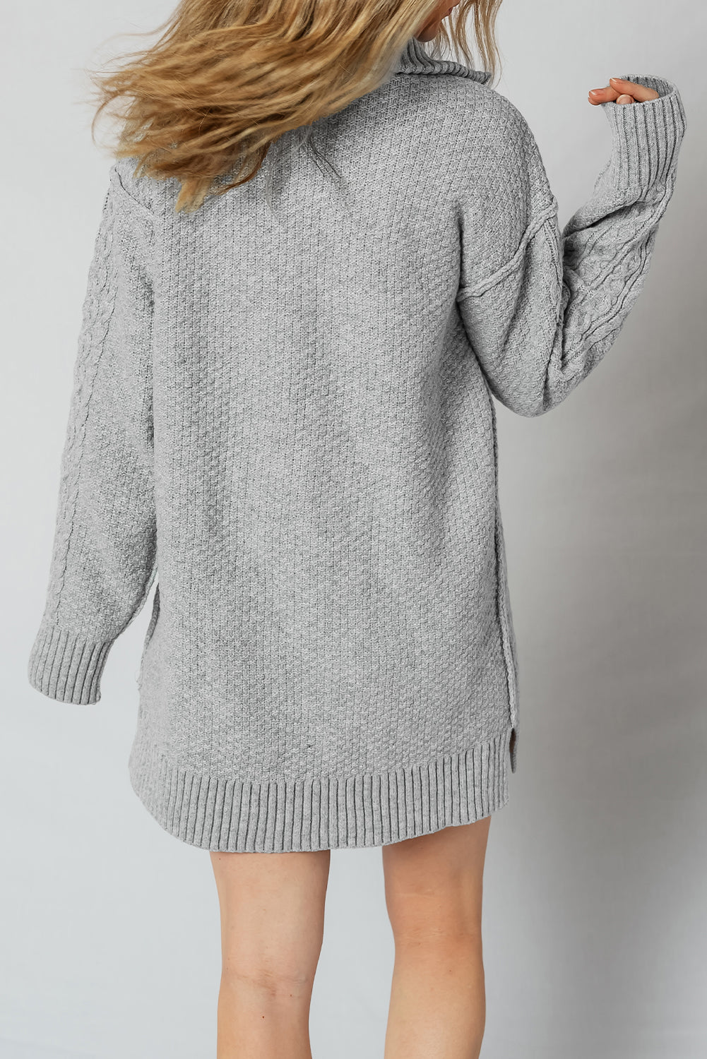 Knit High Cable Quarter Zip Rib-Knit Trim Loose Knit Top Dress