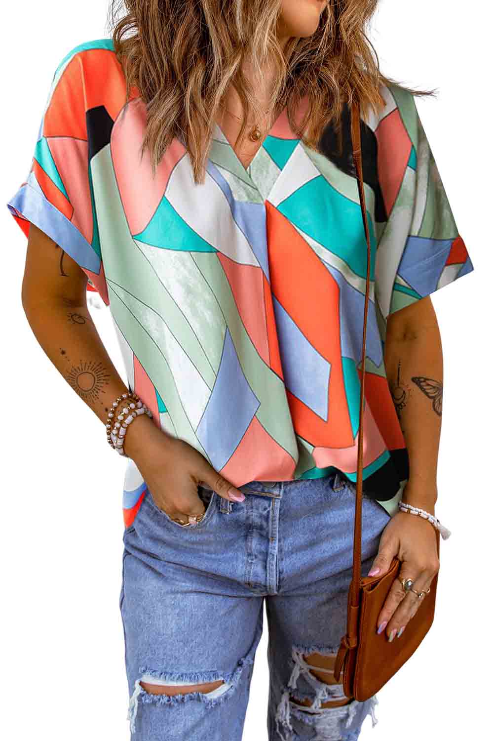 Women's Blouse Featuring Short-Sleeve Multicolor Irregular Color-Block Printed
